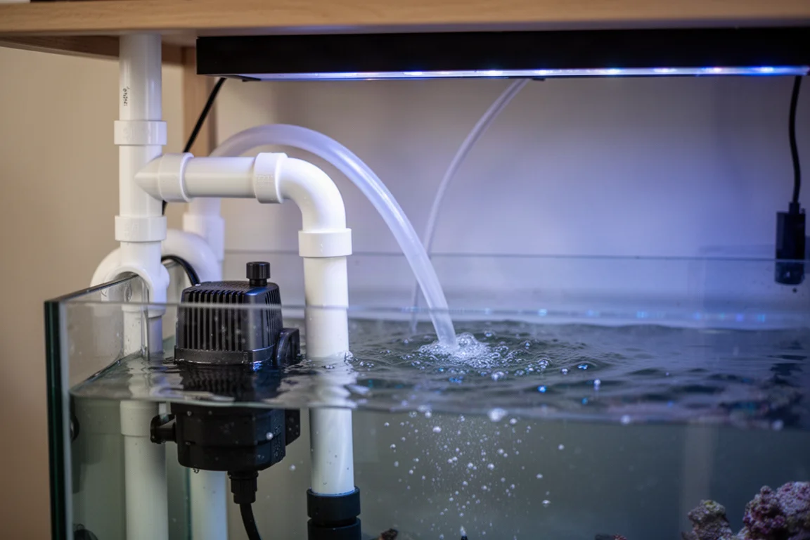 Revakvariumsump med returpump, PVC-rördragning och flexibel slang under blått ljus