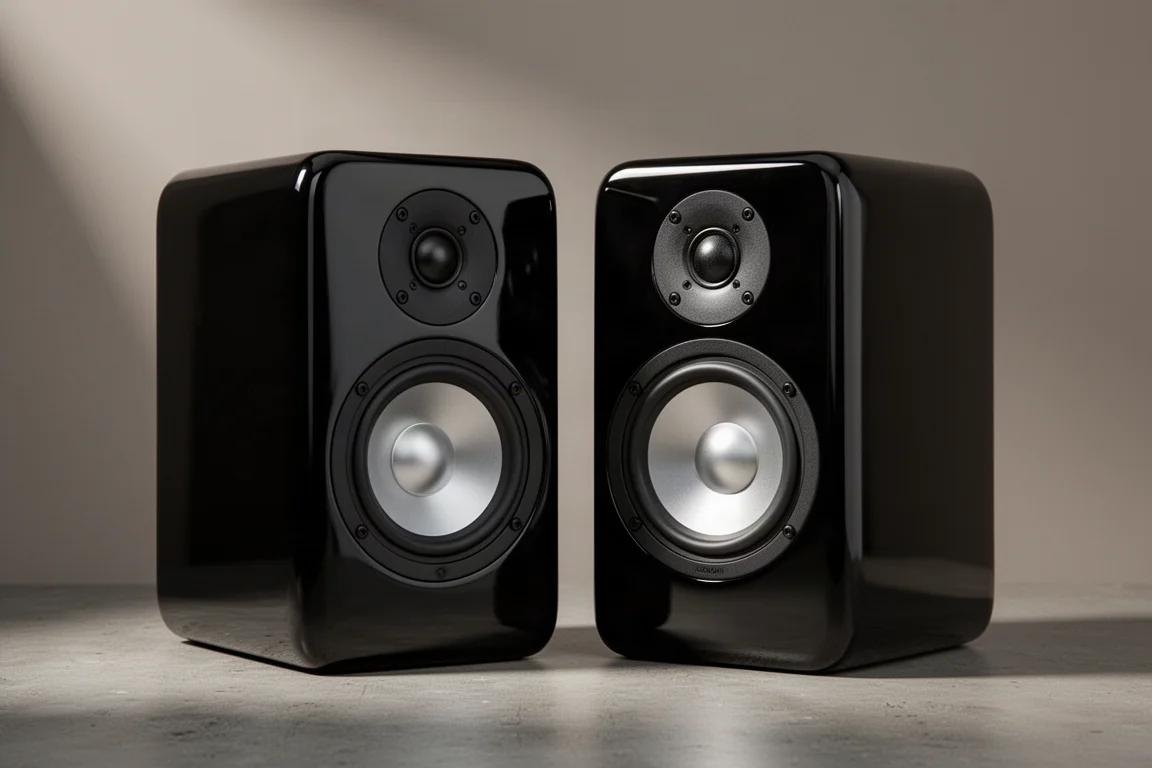 Pair of gloss black two-way bookshelf speakers with dome tweeter and aluminium cone woofer