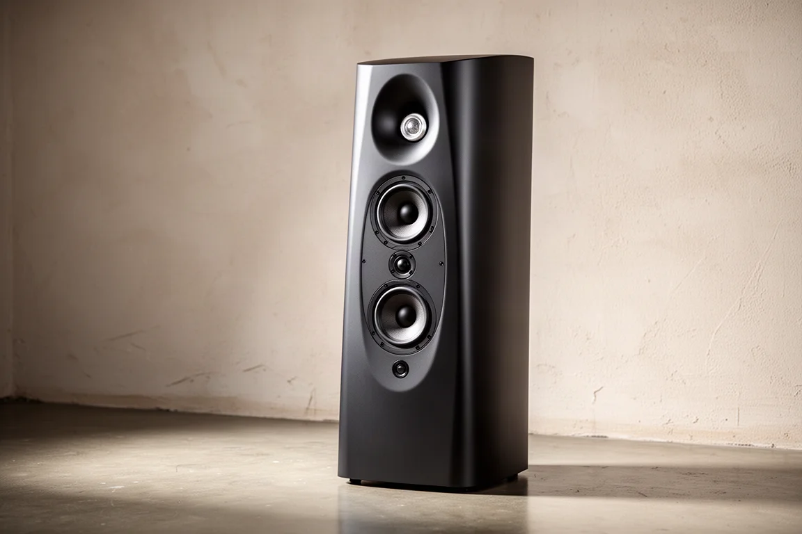 Tall slim floorstanding loudspeaker with a waveguide tweeter and three drivers on a concrete floor