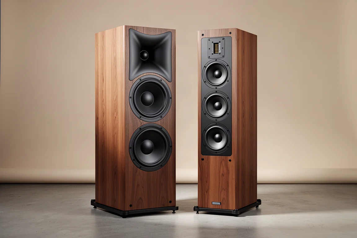Two tall floorstanding tower loudspeakers side by side on a concrete floor