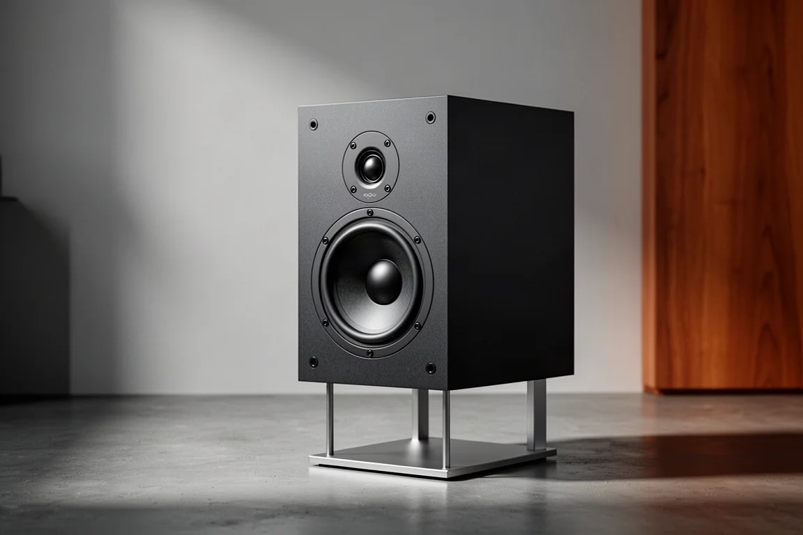 Compact two-way bookshelf loudspeaker on a stand in a minimalist listening room