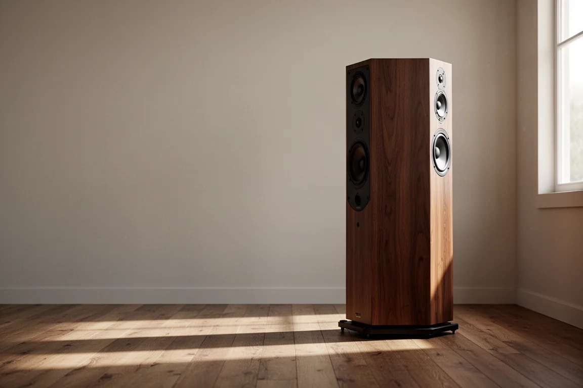 Diffusore da pavimento allontanato dalla parete su un pavimento in legno