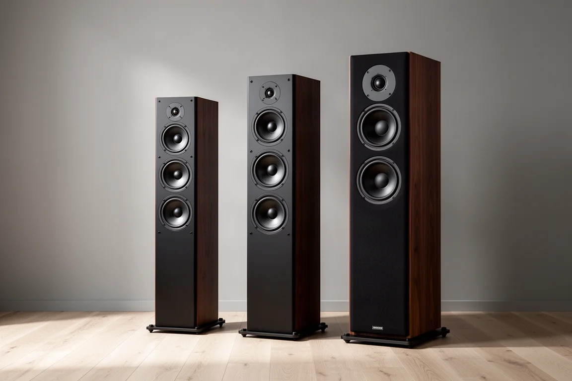 Three floorstanding loudspeakers of increasing size in a minimalist listening room
