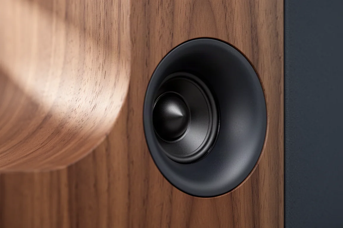 Close-up of a dome tweeter set inside a recessed waveguide on a matte walnut speaker baffle