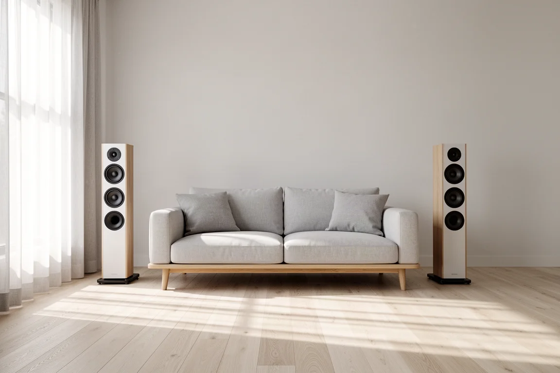 Slim floorstanding speakers flanking a sofa in a bright modern living room
