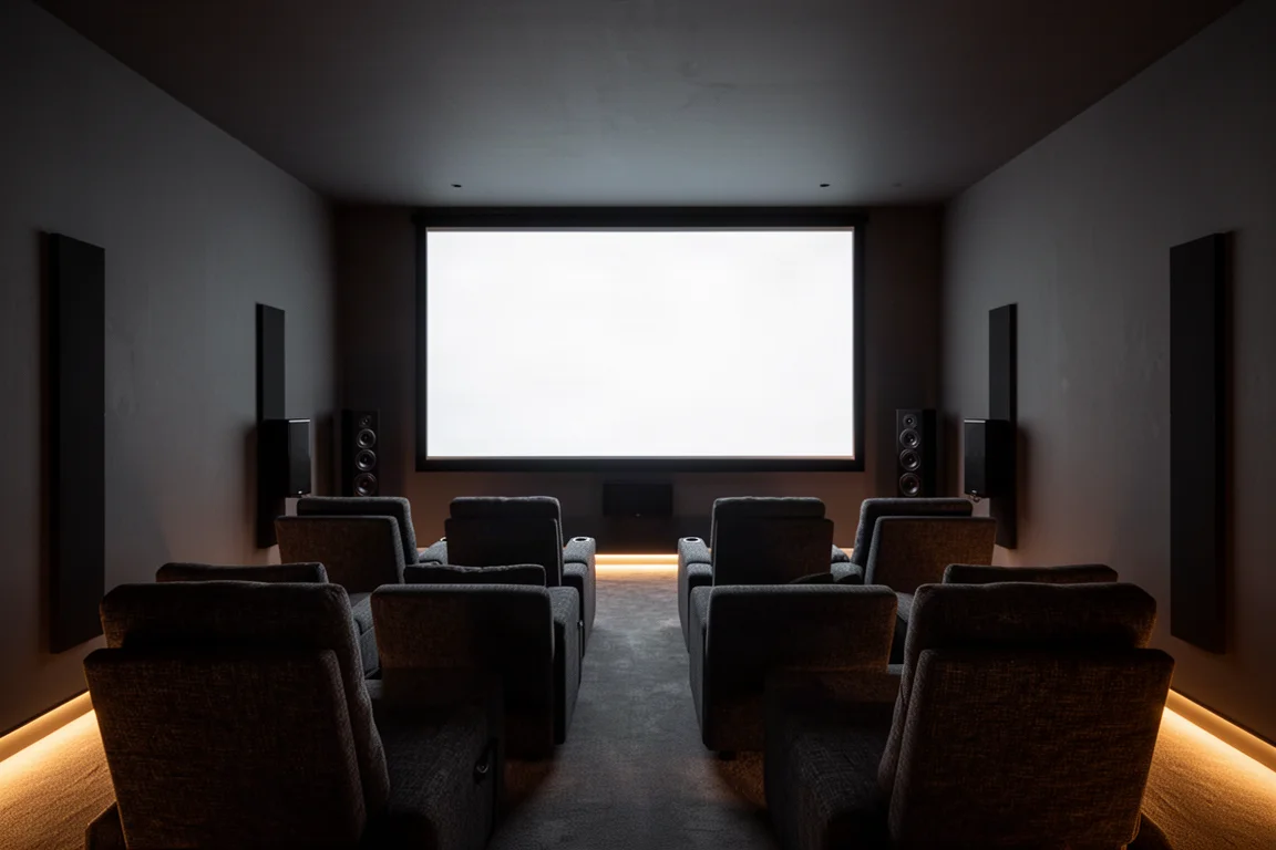 Dimly lit home theater room with a glowing projection screen and rows of seating