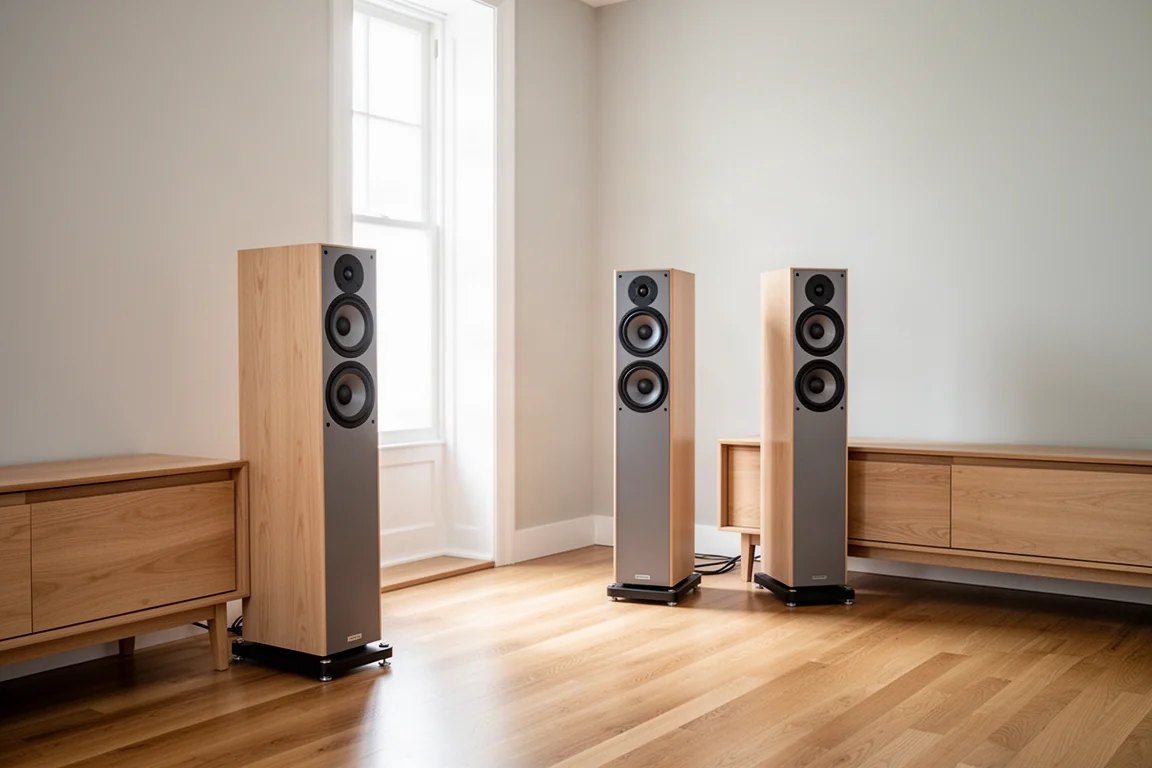 Tower speakers positioned well clear of the rear wall in a bright listening room