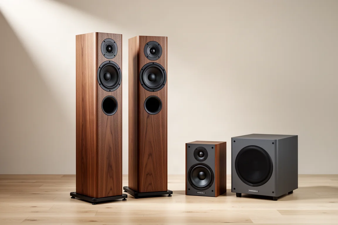 Matte walnut floorstanding speakers with a bookshelf speaker and subwoofer in a neutral studio setting