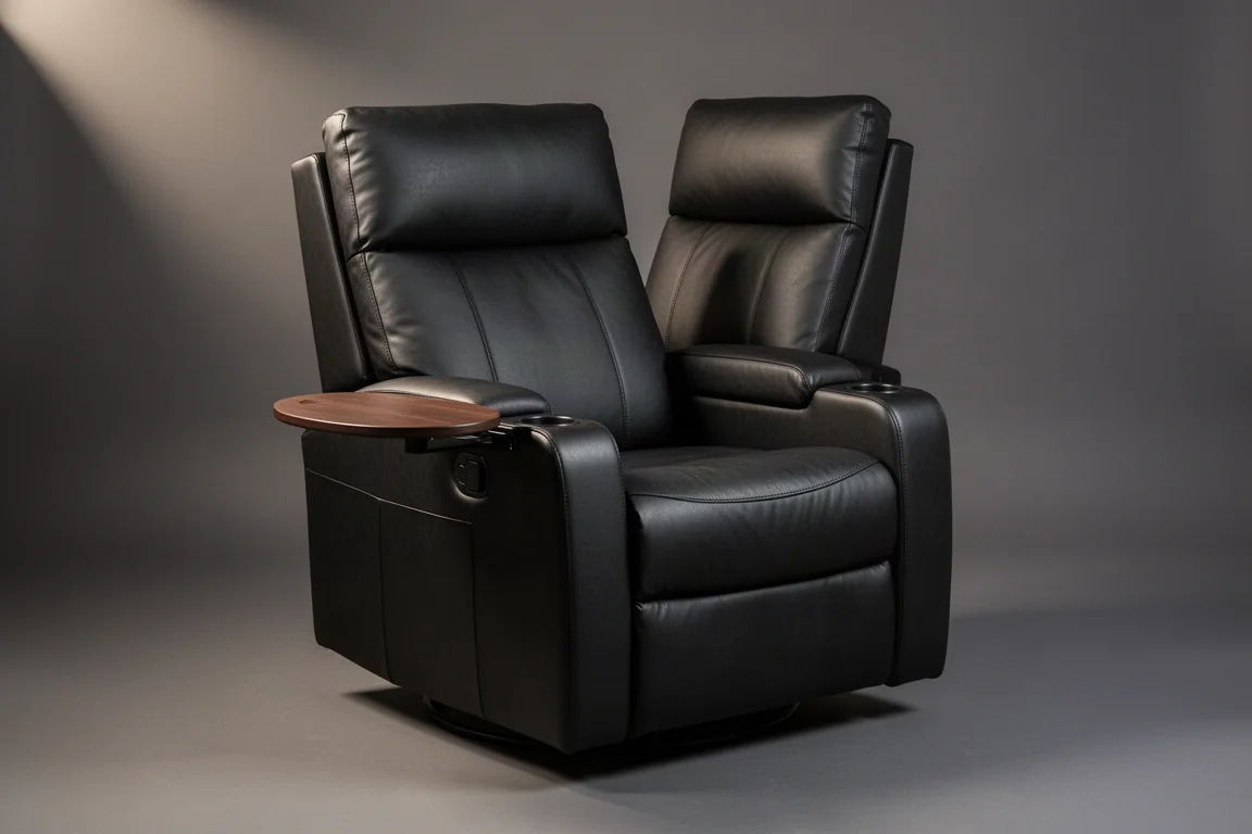 Black vegan-leather home theater recliner with an oval swivel tray on a grey backdrop
