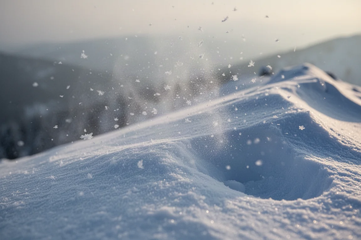 Primo piano di neve polvere asciutta e leggera che scorre da una cresta di montagna all'alba