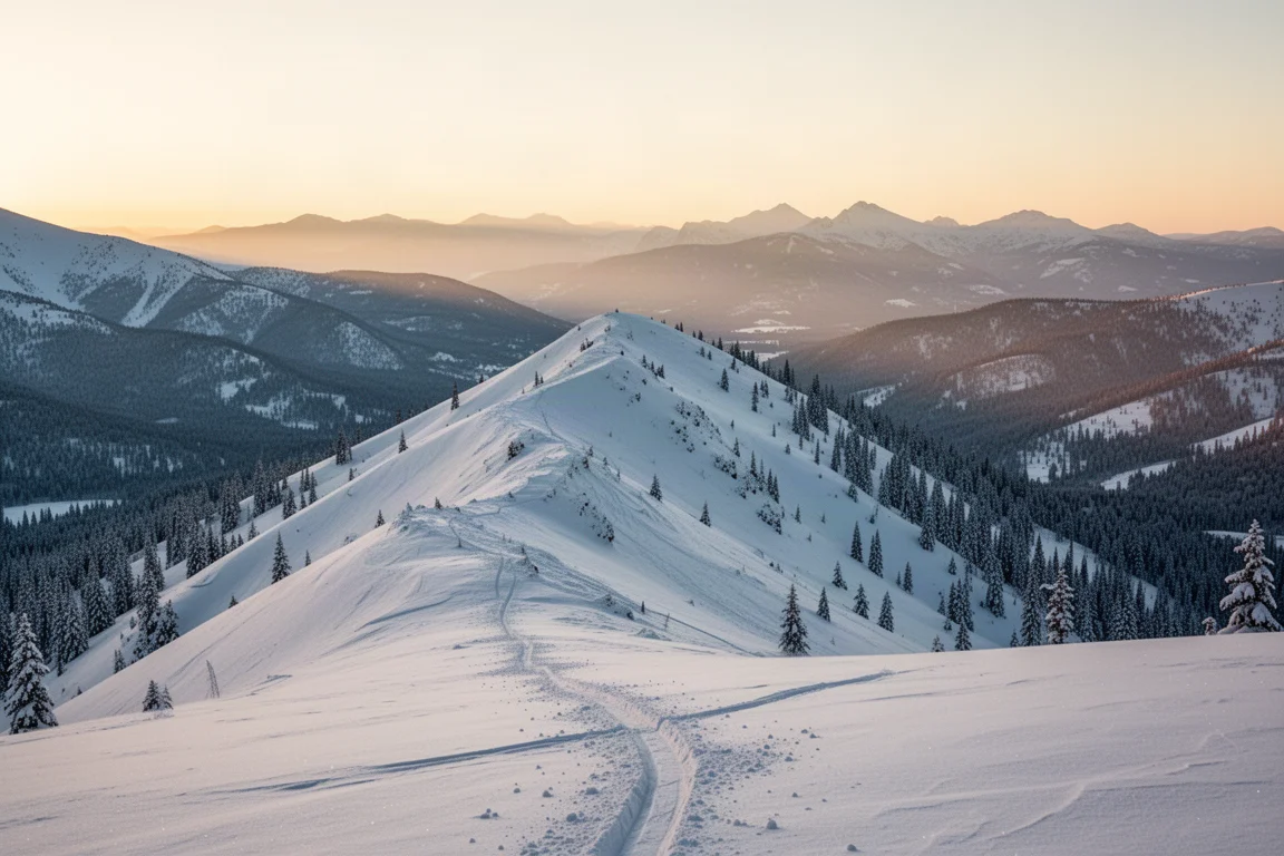 Piste di polvere vergine sotto una cresta del backcountry all'ora dorata con cime lontane