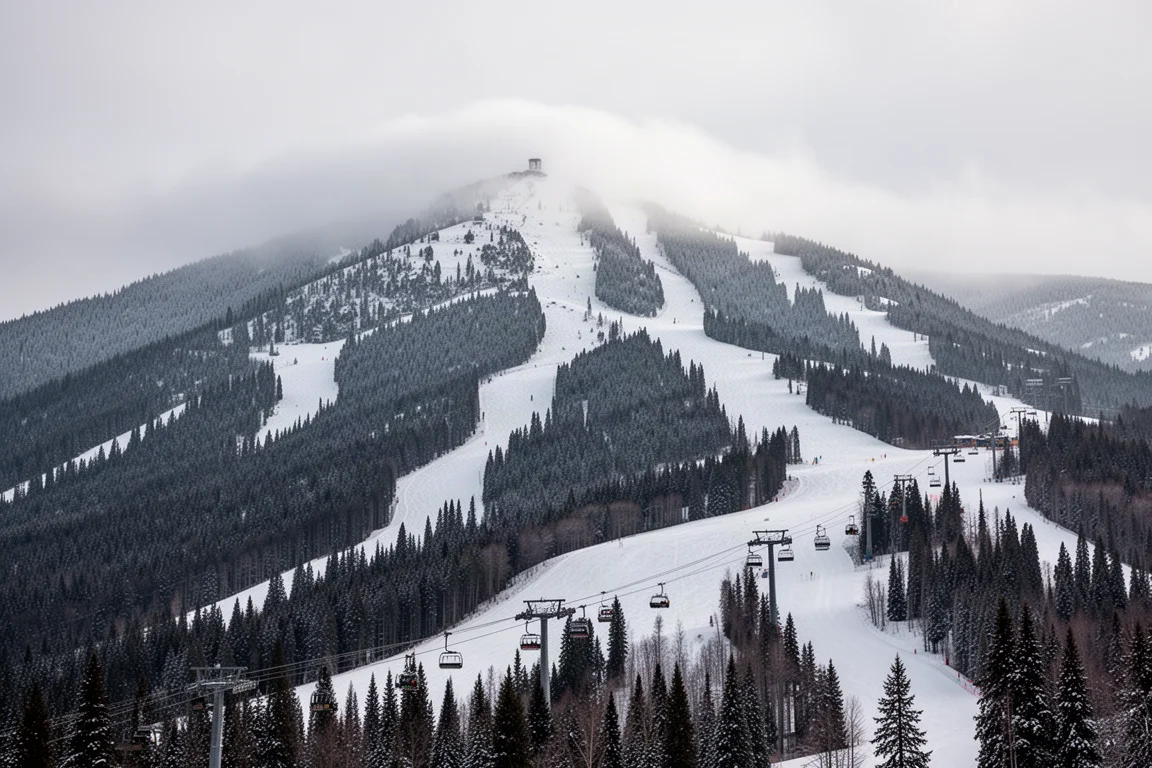 被白雪覆盖的山地滑雪场，有压雪道、常绿森林和一条攀升的缆车线