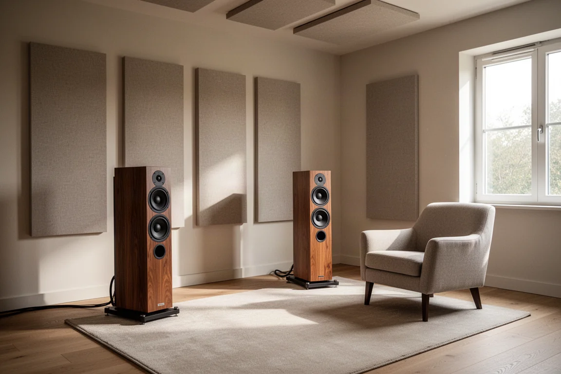 Pièce d'écoute avec panneaux acoustiques et enceintes colonnes sur un tapis