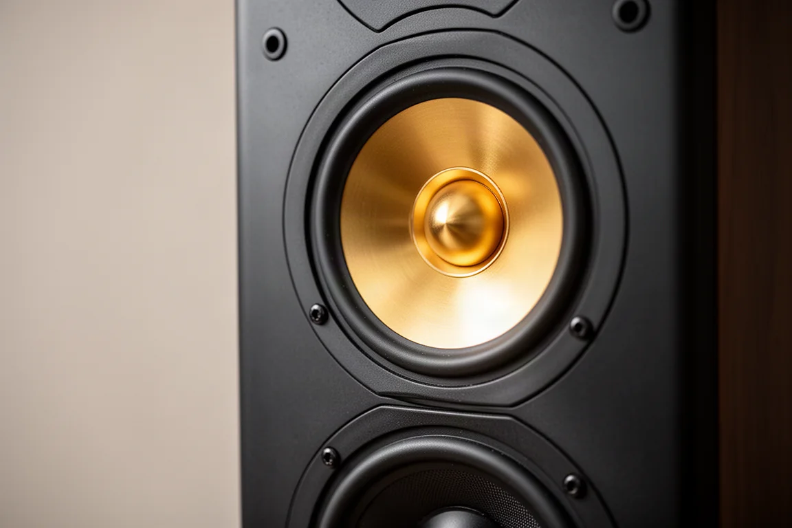 Gros plan sur un tweeter à dôme doré sur une enceinte colonne