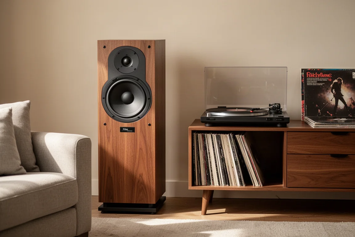 Enceinte à pavillon dans un salon avec une platine vinyle