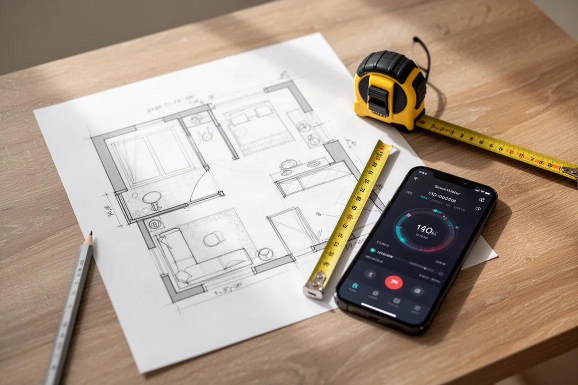 Croquis d'implantation de pièce, mètre ruban et smartphone posés à plat sur une table en bois