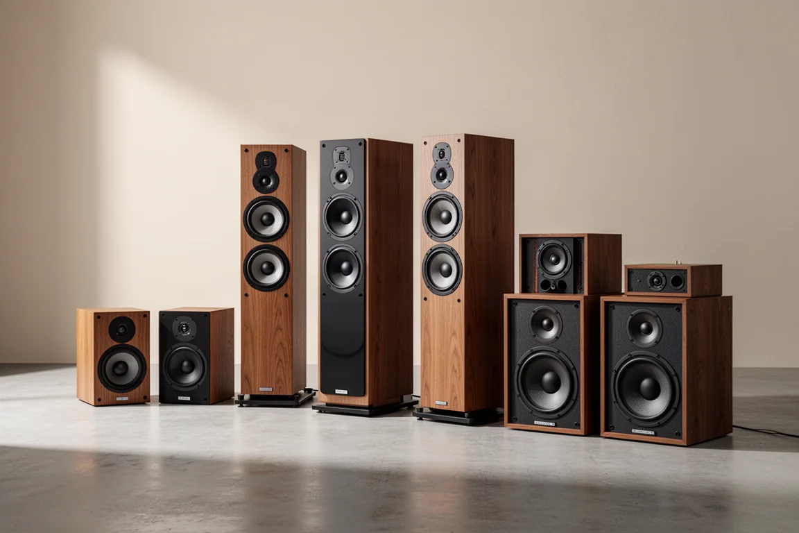 Six hi-fi speakers arranged on a concrete floor in a neutral listening room