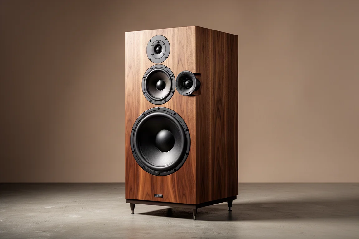 Large walnut three-way stand-mount loudspeaker on a stand against a warm grey backdrop