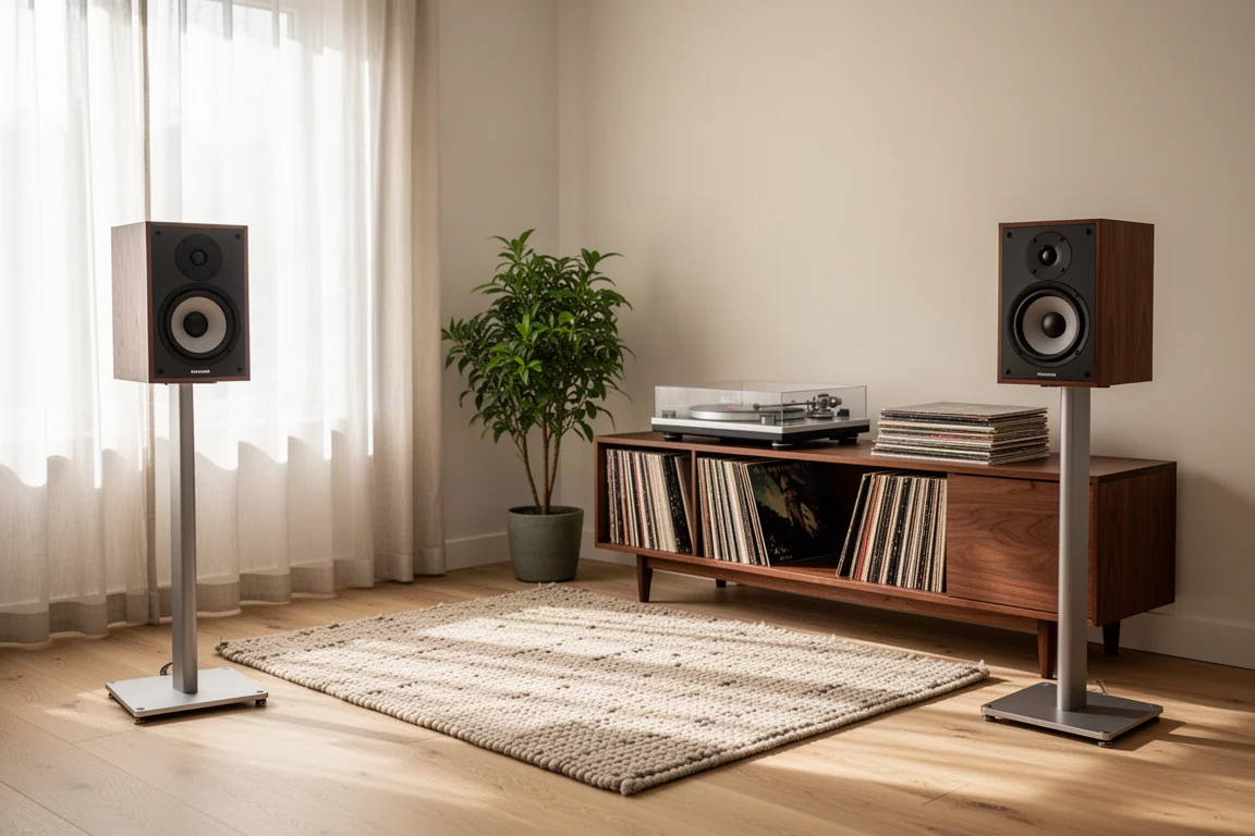 Stativhögtalare på golvstativ i ett ljust lyssningsrum med en skivspelare och vinyl