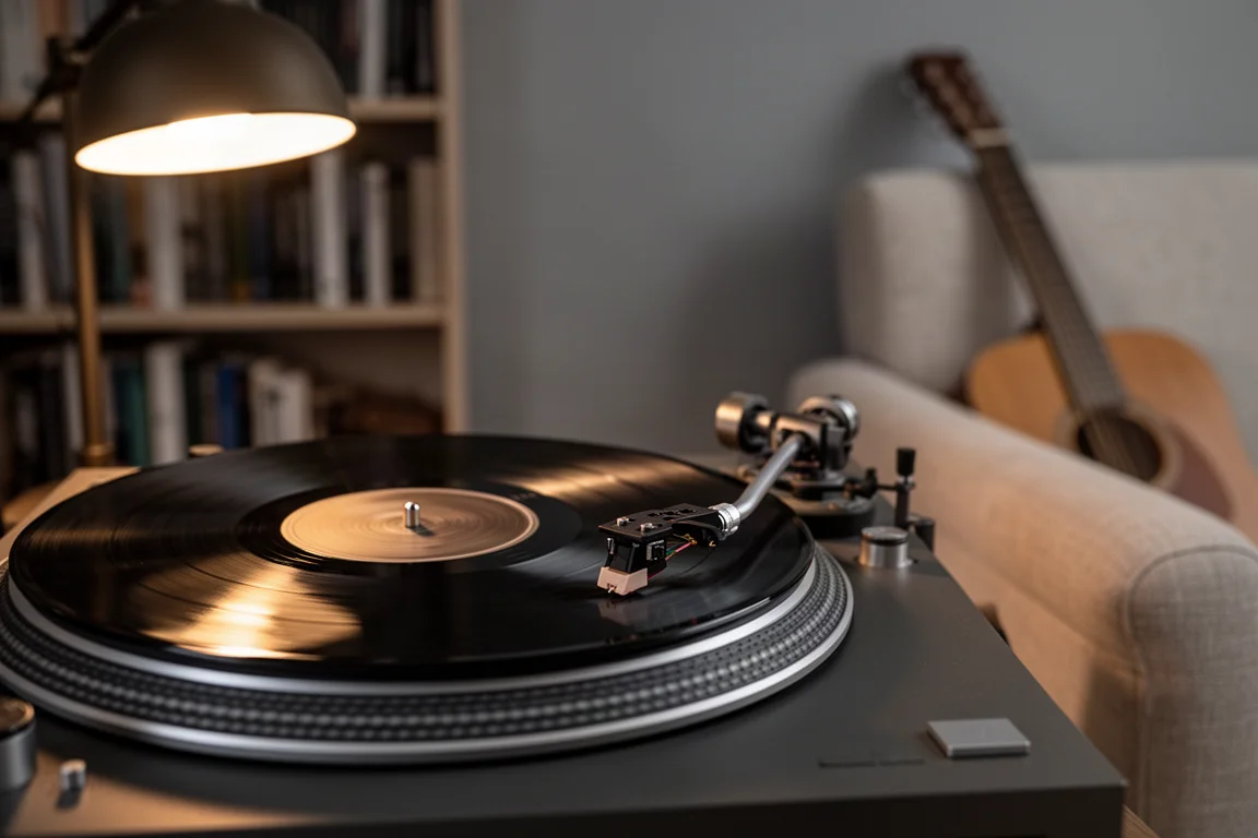 Vinylskiva som snurrar på en skivspelare i varmt lampljus på kvällen