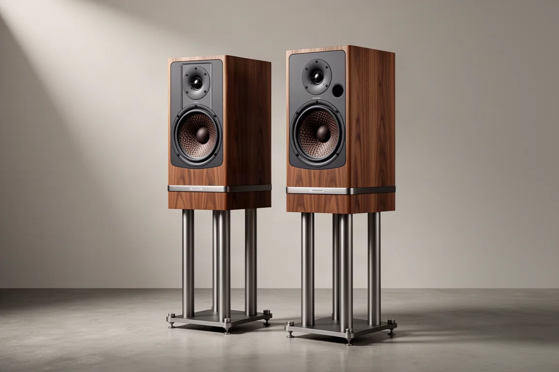 Walnut stand-mount speakers on four-pillar stands against a neutral grey wall
