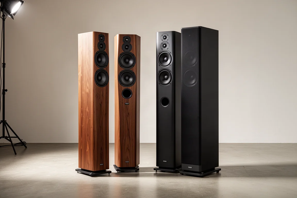 Two pairs of floorstanding loudspeakers on a concrete floor in a minimal listening room