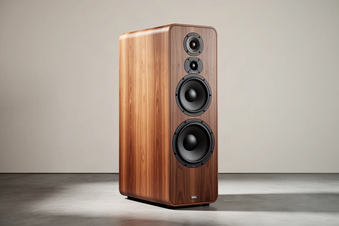 Large three-way floorstanding loudspeaker with wood veneer cabinet on a concrete floor