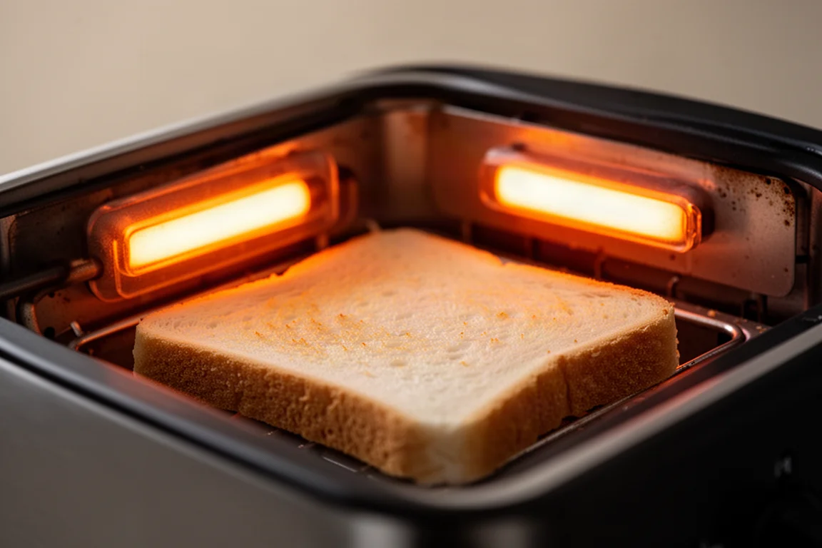 Close-up of a glowing toaster heating element searing a slice of bread