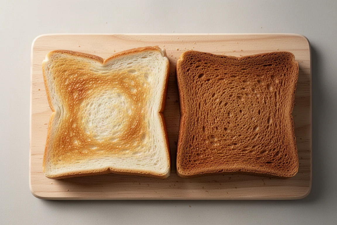 Two slices of toast side by side, one crisper and more even than the other