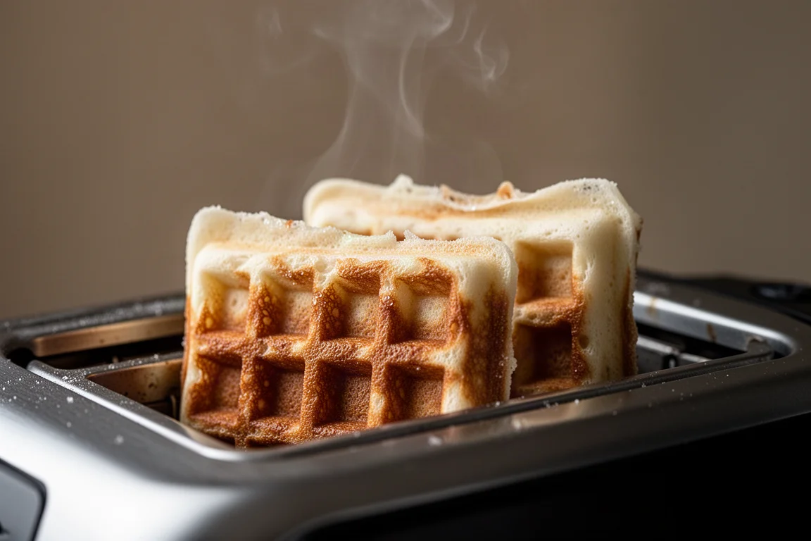 Frozen waffles in a toaster showing uneven browning