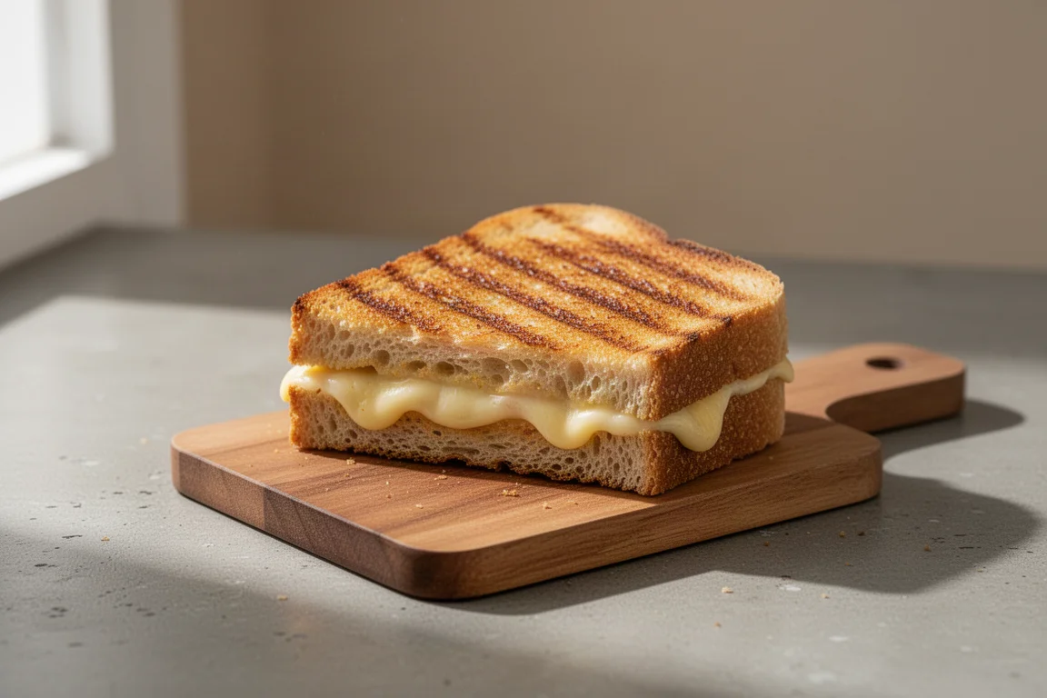 A grilled toasty sandwich with press marks on a cutting board