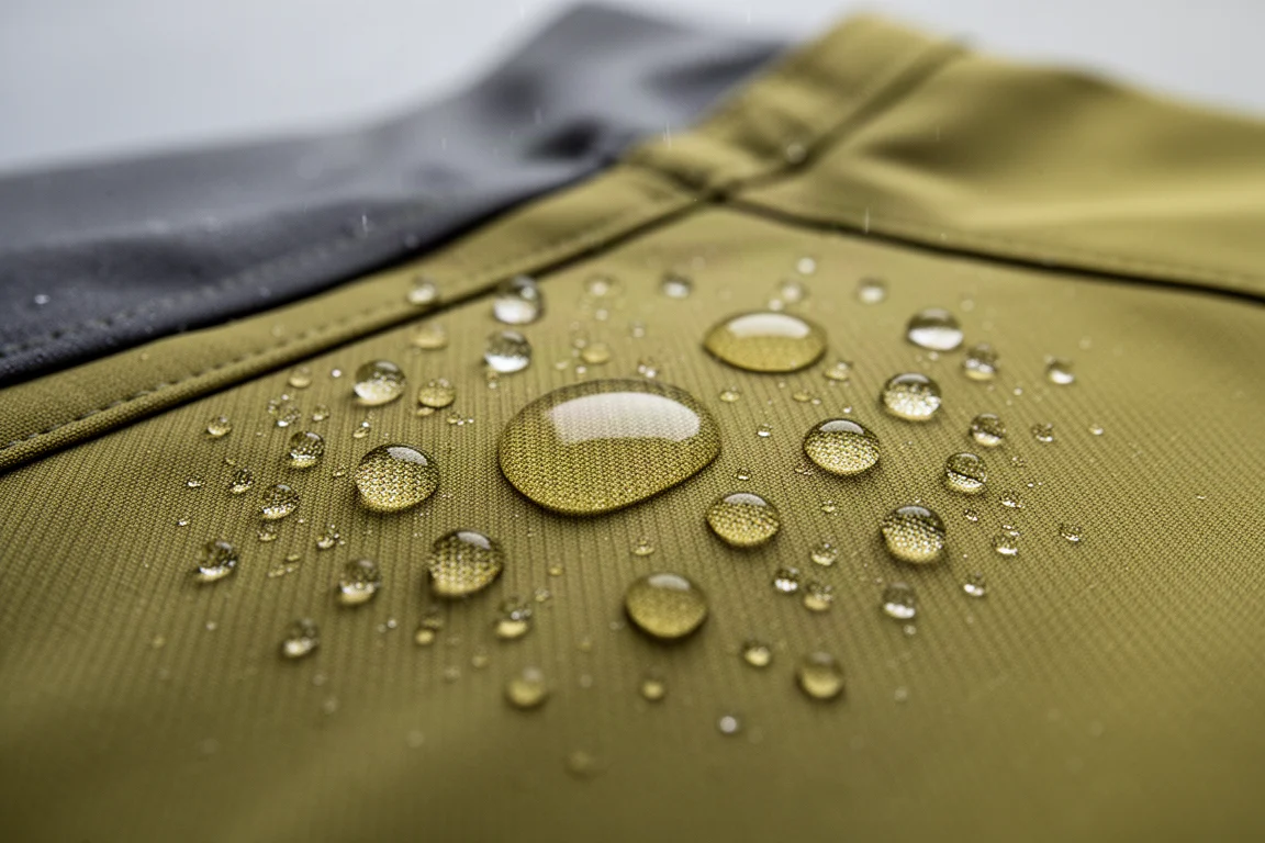 Primer plano de gotas de agua sobre la superficie texturizada de una chaqueta soft shell