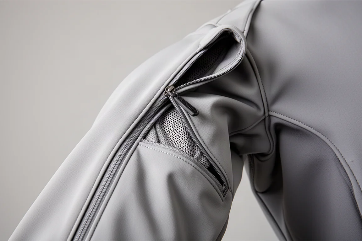 Detalle de una cremallera de ventilación axilar abierta en una chaqueta soft shell
