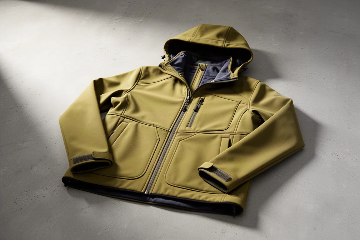 Olivgelbe Softshell-Jacke mit Kapuze flach auf einer Betonfläche ausgelegt