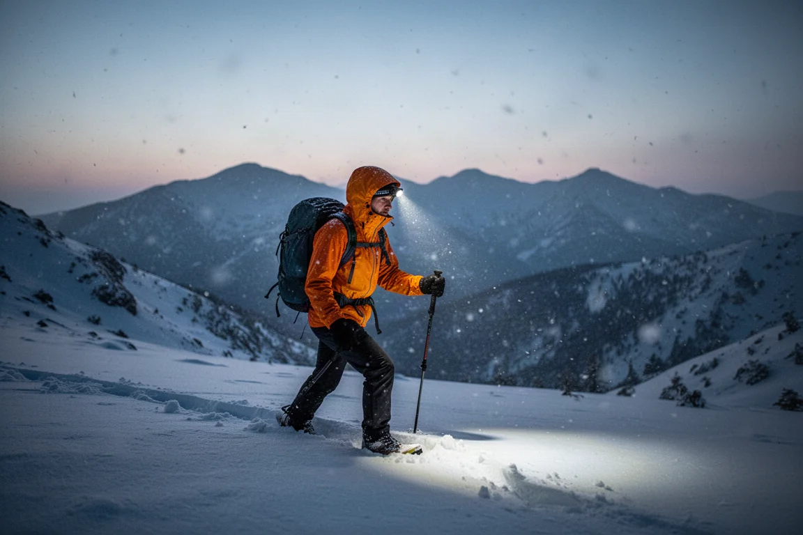 Vandrare med pannlampa som korsar en snötäckt bergspass i skymningen i blått ljus