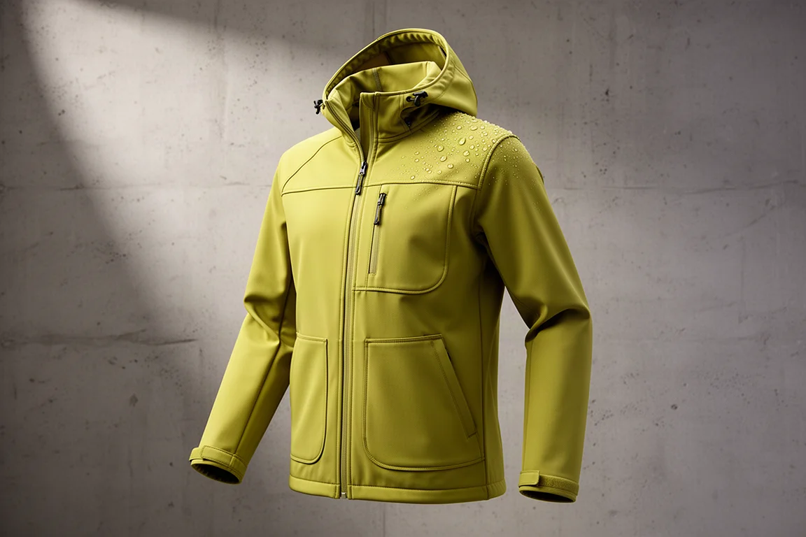 Bright yellow-green three-layer softshell jacket photographed against a matte concrete backdrop