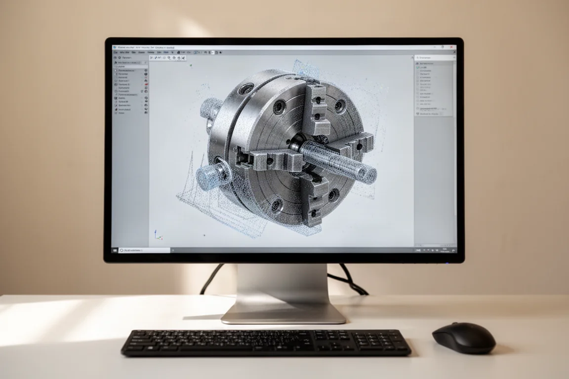 電腦螢幕上顯示金屬夾頭的 3D 掃描模型