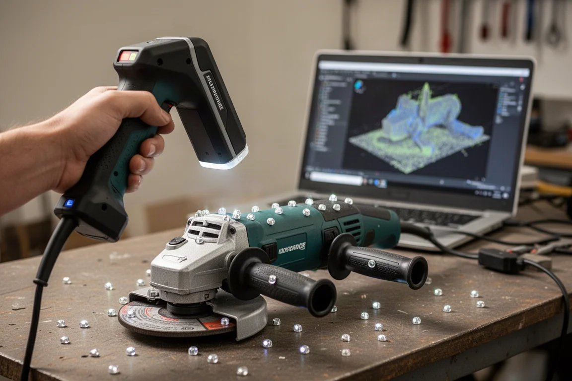 Handheld 3D scanner scanning a power tool on a workbench with reflective markers