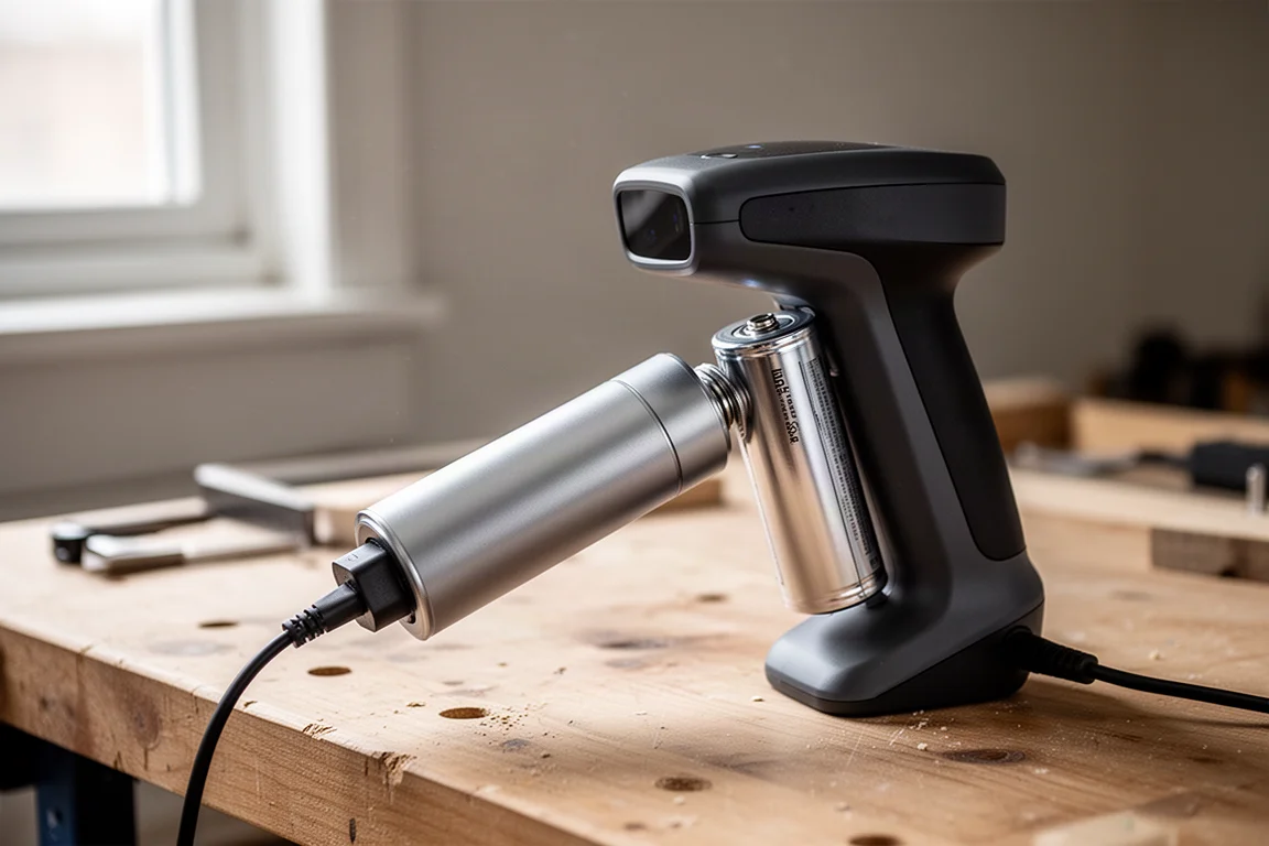 Close-up of a 3D scanner with a threaded battery handle attached for wireless use