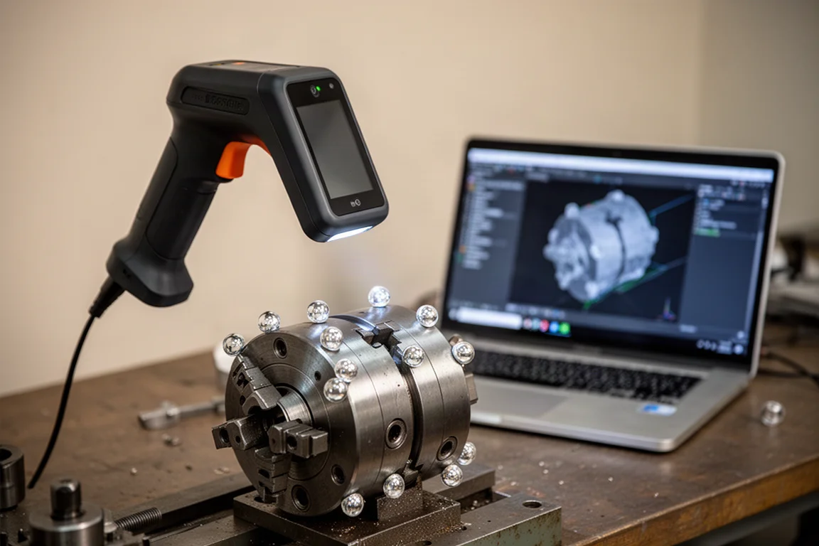 3D scanner scanning a metal chuck with reflective markers around its edges
