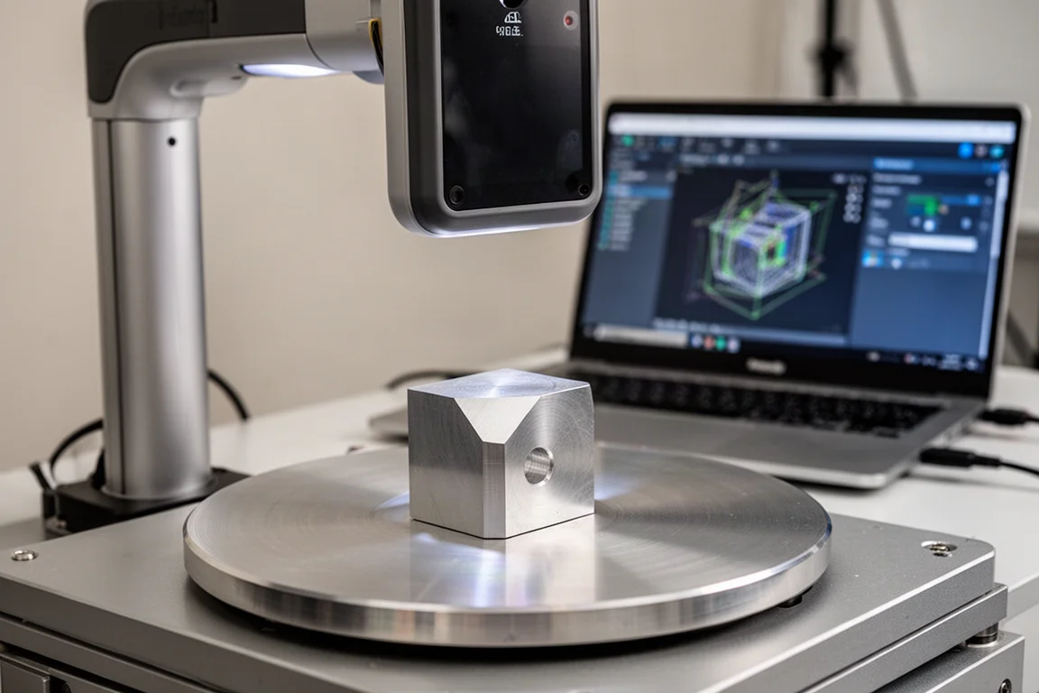 Automated turntable rotating a small machined block while a 3D scanner captures data