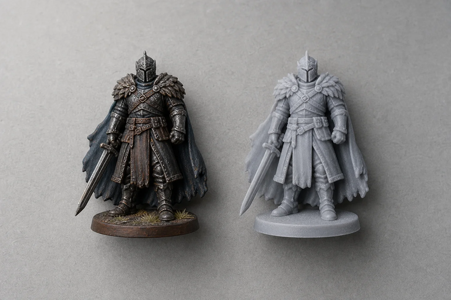 Vergleich einer Miniaturfigur mit ihrem 3D-gedruckten Replikat nebeneinander