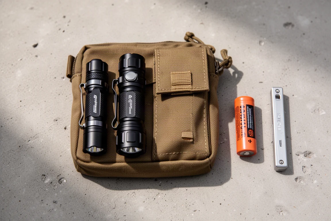 Bolsa EDC abierta con dos linternas pequeñas y baterías recargables dispuestas en su interior