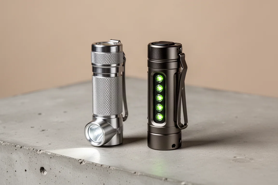 Two compact EDC flashlights side by side, one aluminum and one titanium