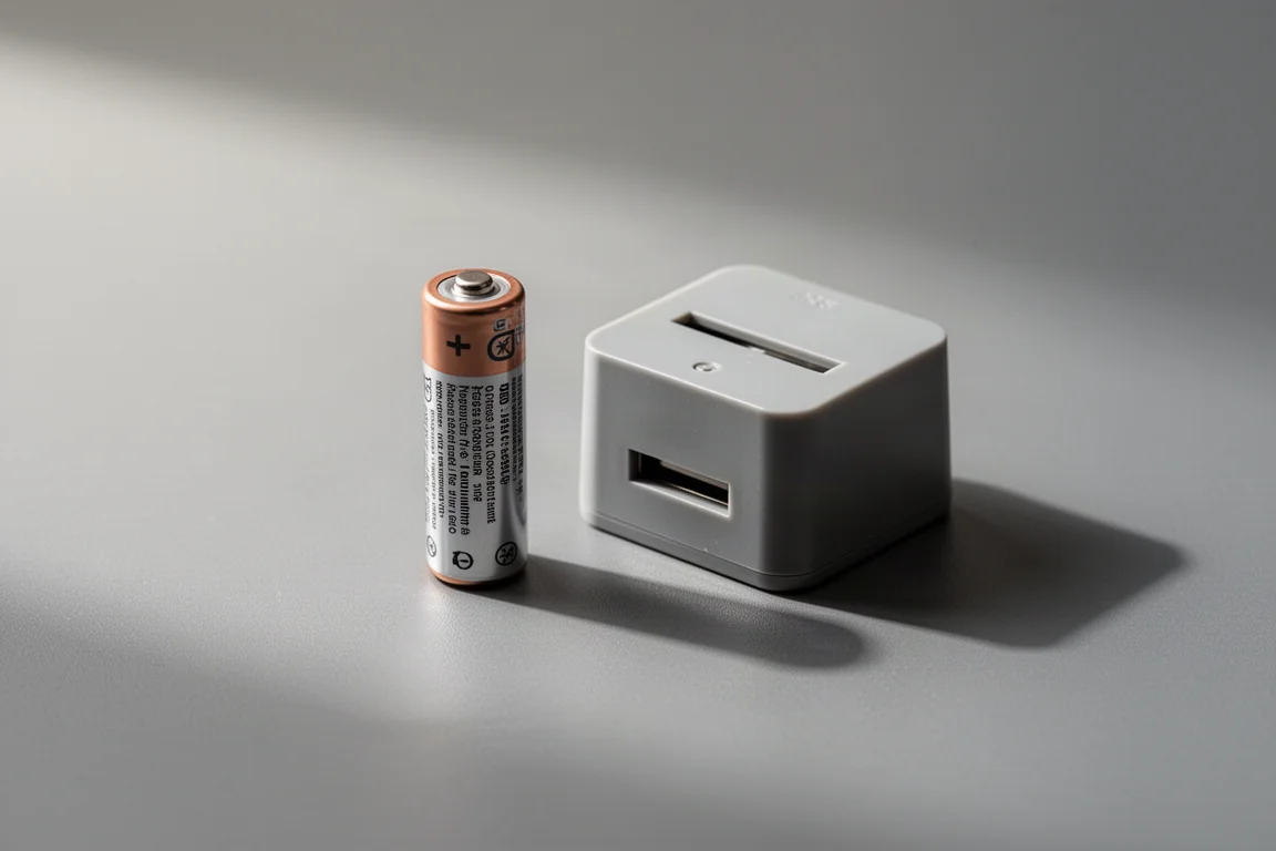 Uma pequena bateria de íons de lítio recarregável ao lado de um carregador de encaixe sobre uma superfície limpa