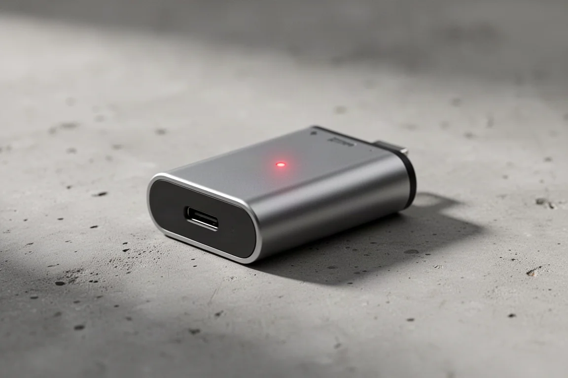 Indicador LED rojo encendido en la batería de una linterna recargable durante la carga