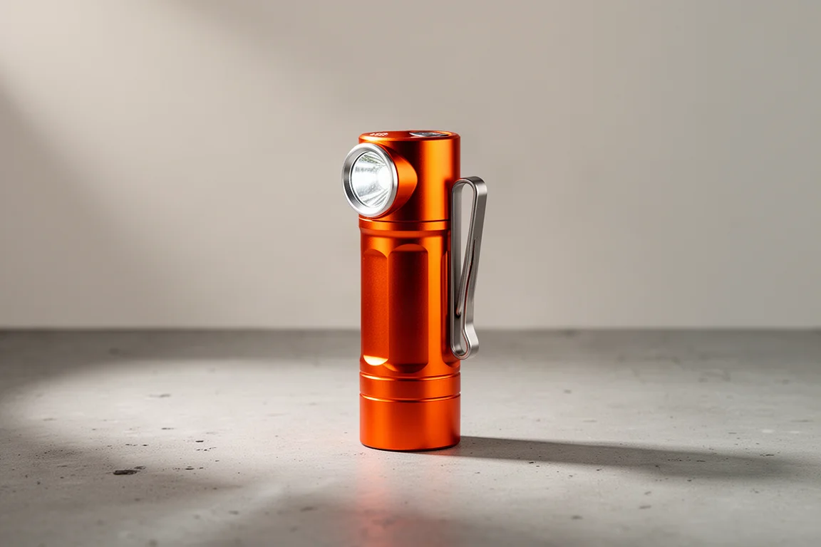 Compact orange ReyLight Vosteed Rook flashlight standing on a concrete surface