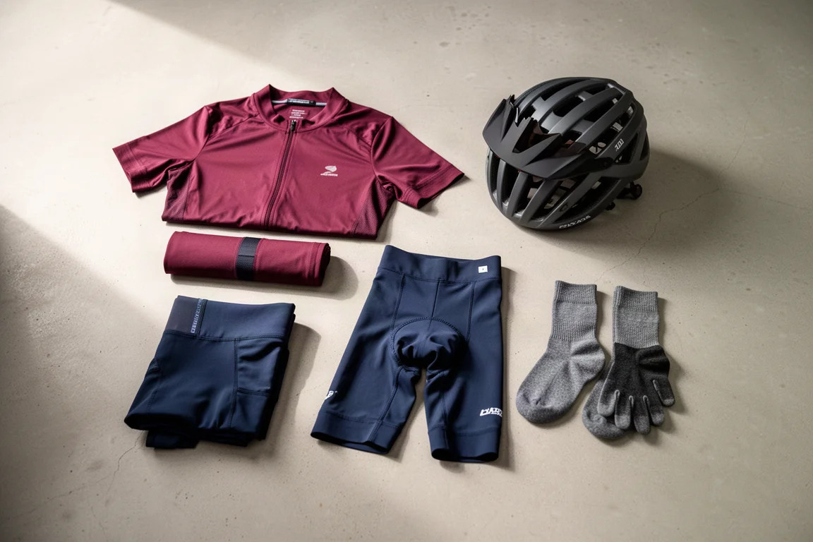 Letni strój kolarski w układzie flat-lay z góry: koszulka, spodenki z szelkami, kask i skarpety