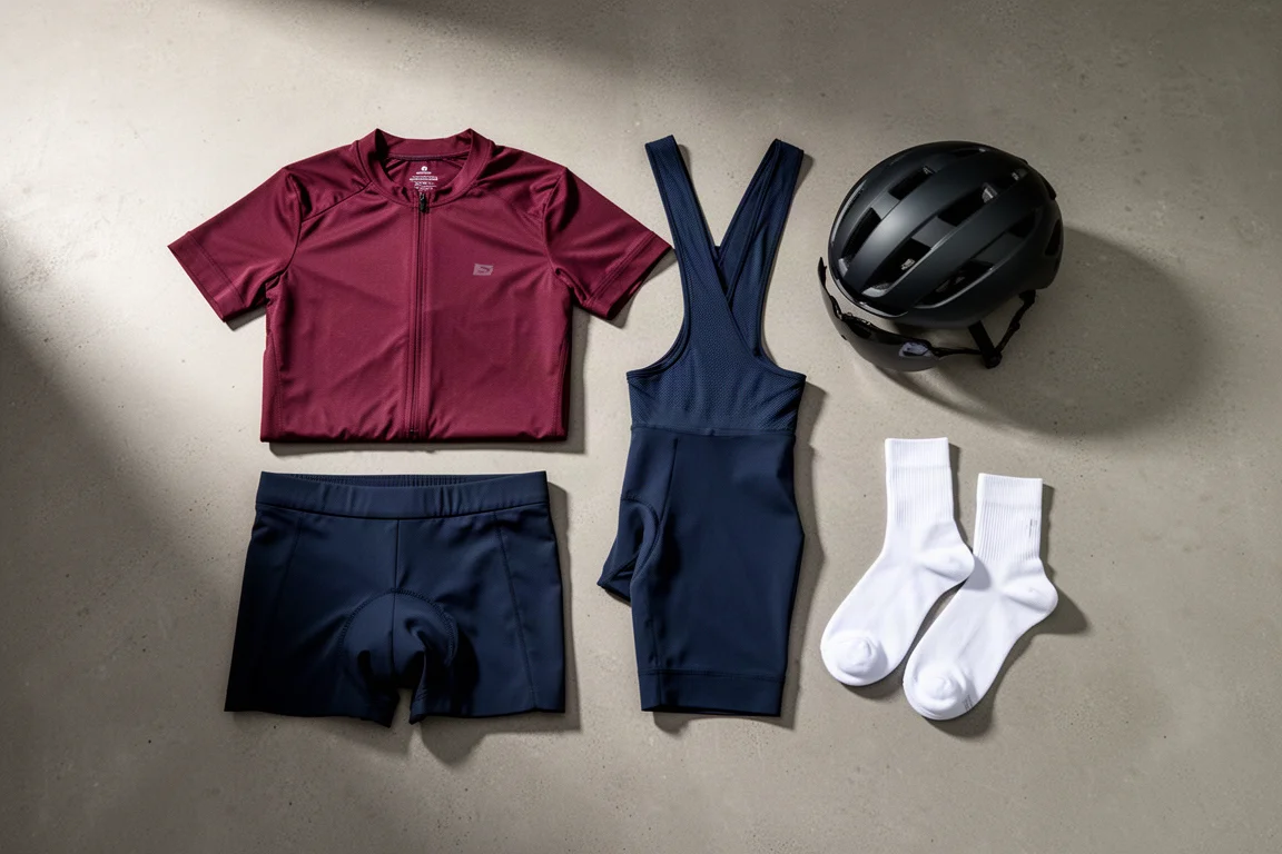 Flat-lay of RH+ summer cycling kit with jersey, bib shorts, helmet and socks on concrete