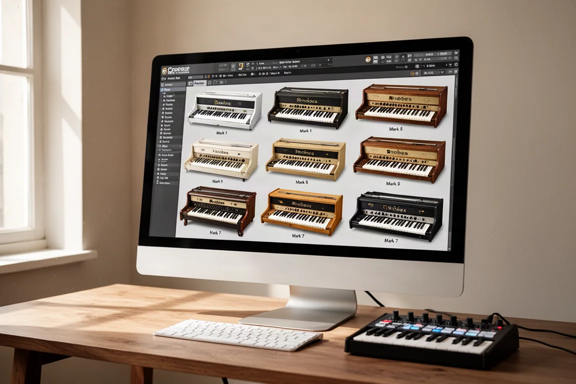 Cinq interfaces de plugins de clavier virtuel affichées sur un bureau de studio